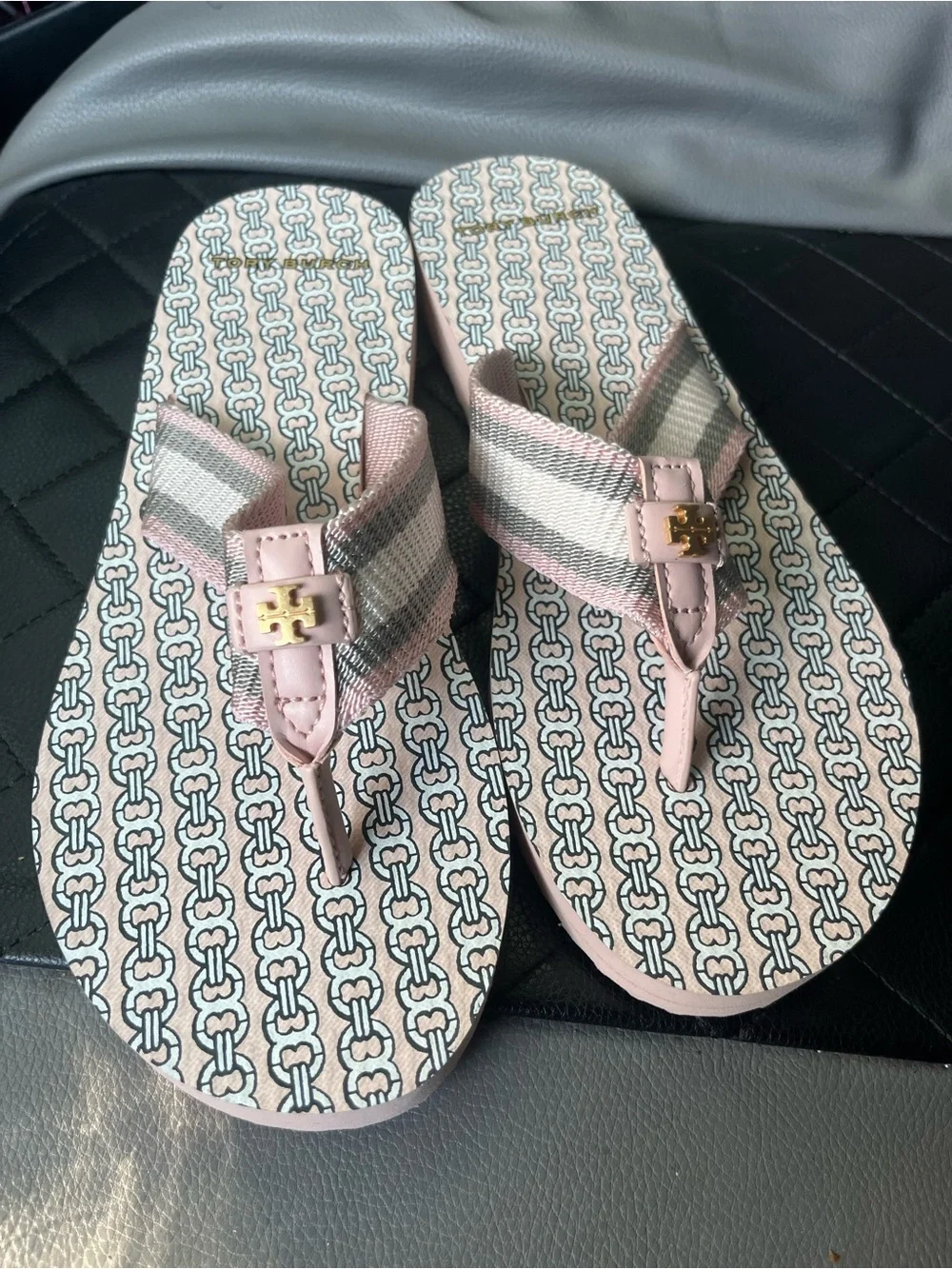 Tory Burch Pink & Cream And Grey Patterned Logo Thong Sandals